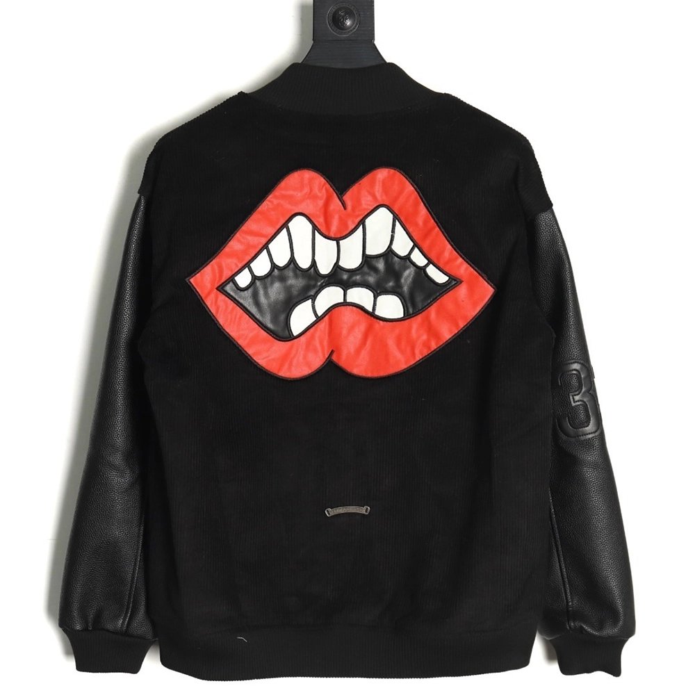 Chrome Hearts embroidered lips patchwork leather baseball jacket,Chrome Hearts