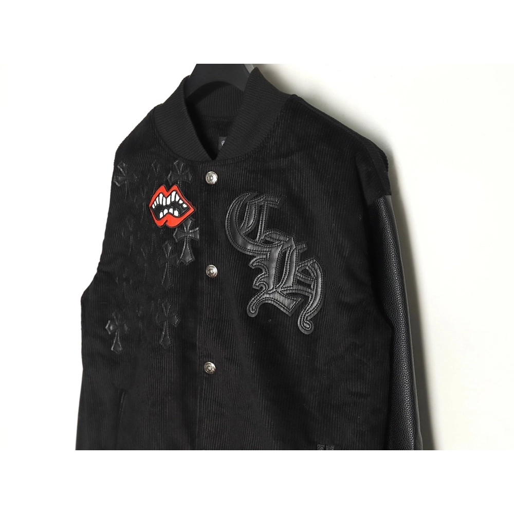Chrome Hearts embroidered lips patchwork leather baseball jacket,Chrome Hearts