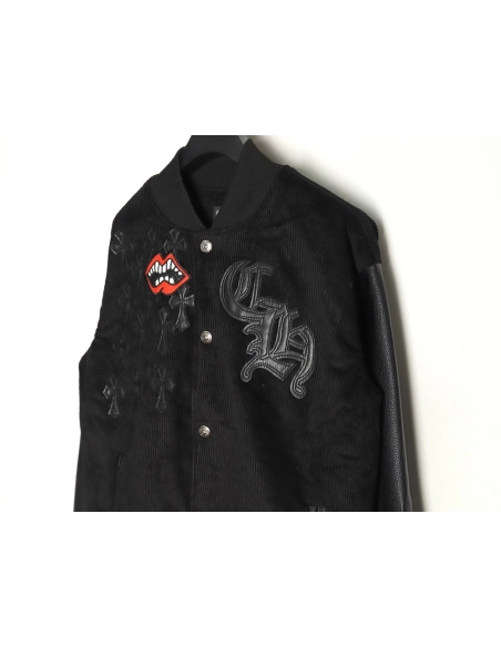 Chrome Hearts embroidered lips patchwork leather baseball jacket,Chrome Hearts