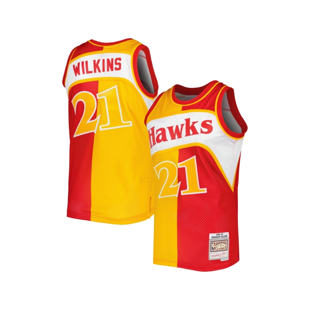 Mens Atlanta Hawks Dominique Wilkins Yellow Red Hardwood Classics 1986 87 Split Swingman Jersey,Atlanta Hawks,NBA,JERSEY with fr