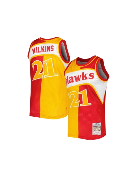 Mens Atlanta Hawks Dominique Wilkins Yellow Red Hardwood Classics 1986 87 Split Swingman Jersey,Atlanta Hawks,NBA,JERSEY with fr