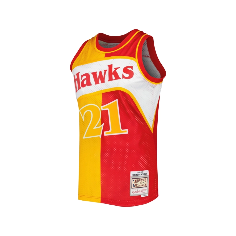 Mens Atlanta Hawks Dominique Wilkins Yellow Red Hardwood Classics 1986 87 Split Swingman Jersey,Atlanta Hawks,NBA,JERSEY with fr