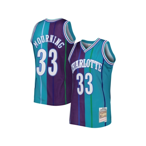 Mens Charlotte Hornets Alonzo Mourning Teal Purple Hardwood Classics 1992 93 Split Swingman Jersey,Charlotte Hornets,NBA,JERSEY 