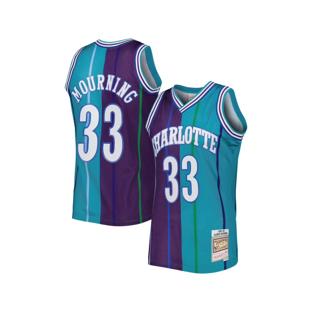 Mens Charlotte Hornets Alonzo Mourning Teal Purple Hardwood Classics 1992 93 Split Swingman Jersey,Charlotte Hornets,NBA,JERSEY 
