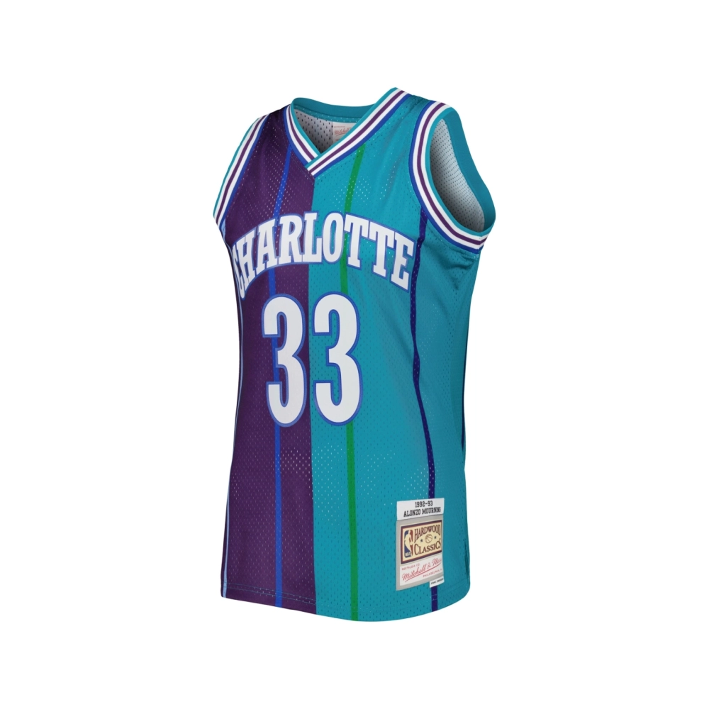 Mens Charlotte Hornets Alonzo Mourning Teal Purple Hardwood Classics 1992 93 Split Swingman Jersey,Charlotte Hornets,NBA,JERSEY 