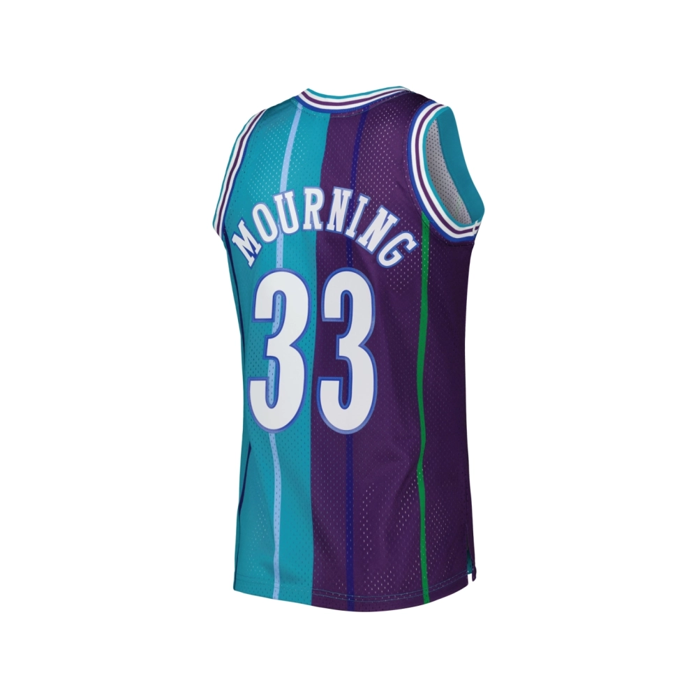 Mens Charlotte Hornets Alonzo Mourning Teal Purple Hardwood Classics 1992 93 Split Swingman Jersey,Charlotte Hornets,NBA,JERSEY 