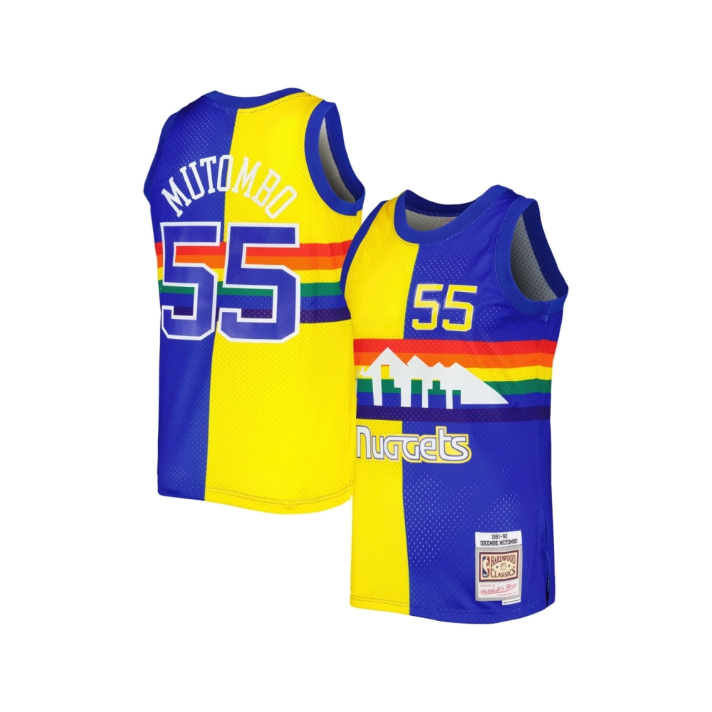 Mens Denver Nuggets Dikembe Mutombo Royal Gold Hardwood Classics 1991 92 Split Swingman Jersey,Denver Nuggets,NBA,JERSEY with fr