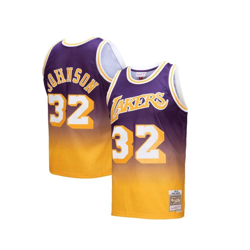 Mens Los Angeles Lakers Magic Johnson Gold Purple 1984 85 Hardwood Classics Fadeaway Swingman Player Jersey,Los Angeles Lakers,N