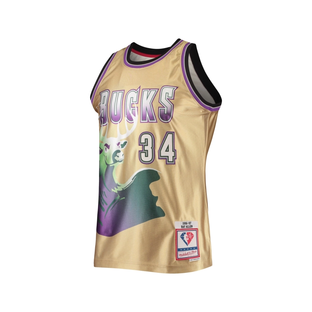 Mens Milwaukee Bucks Ray Allen Gold 75th Anniversary 1996 97 Hardwood Classics Swingman Jersey,Milwaukee Bucks,NBA,JERSEY with f