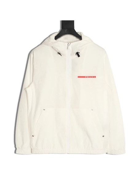 Prada chest red stripe zip-up hooded jacket,Prada